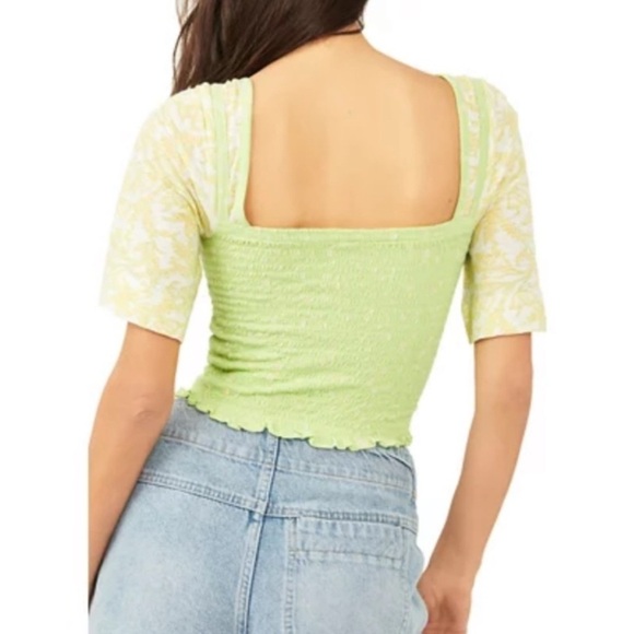 Free People Marigold Neon/Lime Green Cropped Top Smocked Flutter sleeves Small - Picture 6 of 9